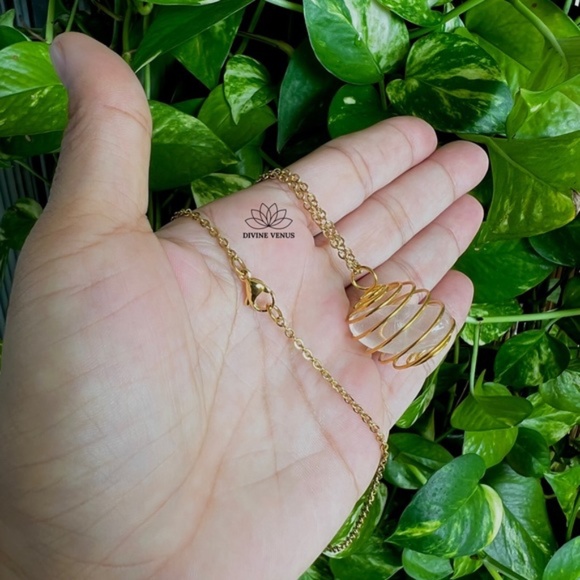 Rose Quartz Necklace | Gold Plated Stainless Steel Chain | Spiral Wired - Picture 10 of 11